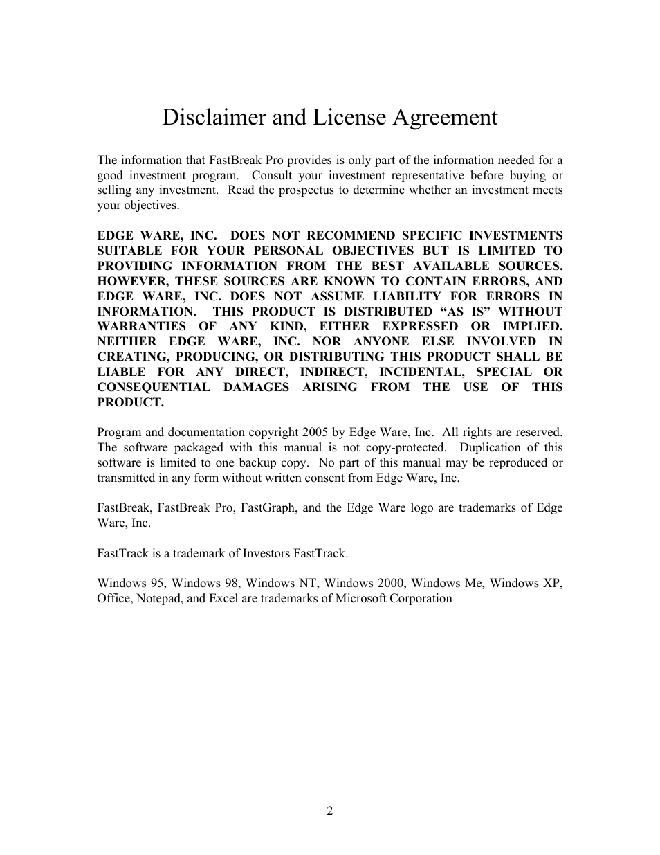 Disclaimer and license agreement | EdgeWare FastBreak Pro Version 5 User Manual | Page 2 / 79