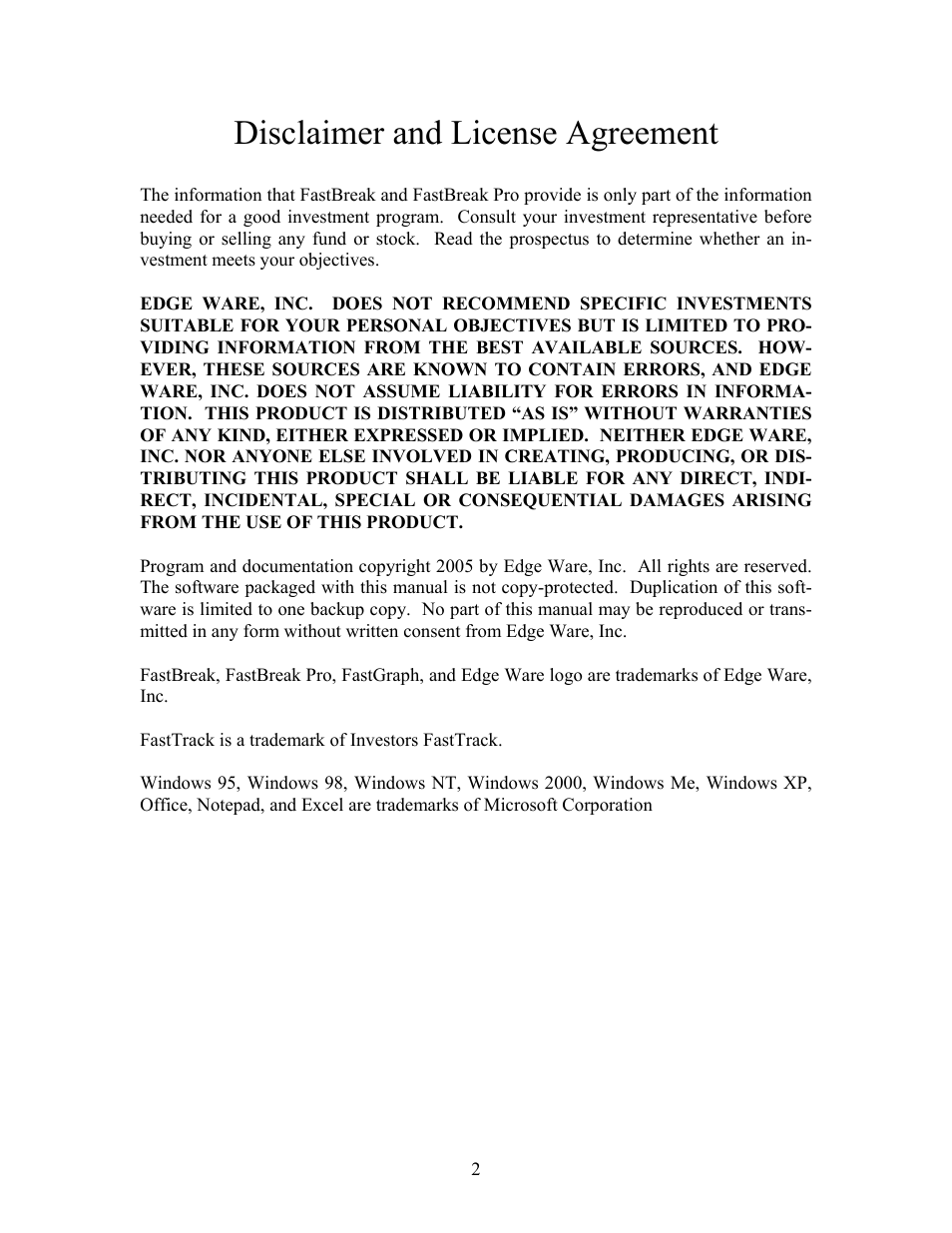 Disclaimer and license agreement | EdgeWare FastBreak Standard Version 5 User Manual | Page 2 / 90