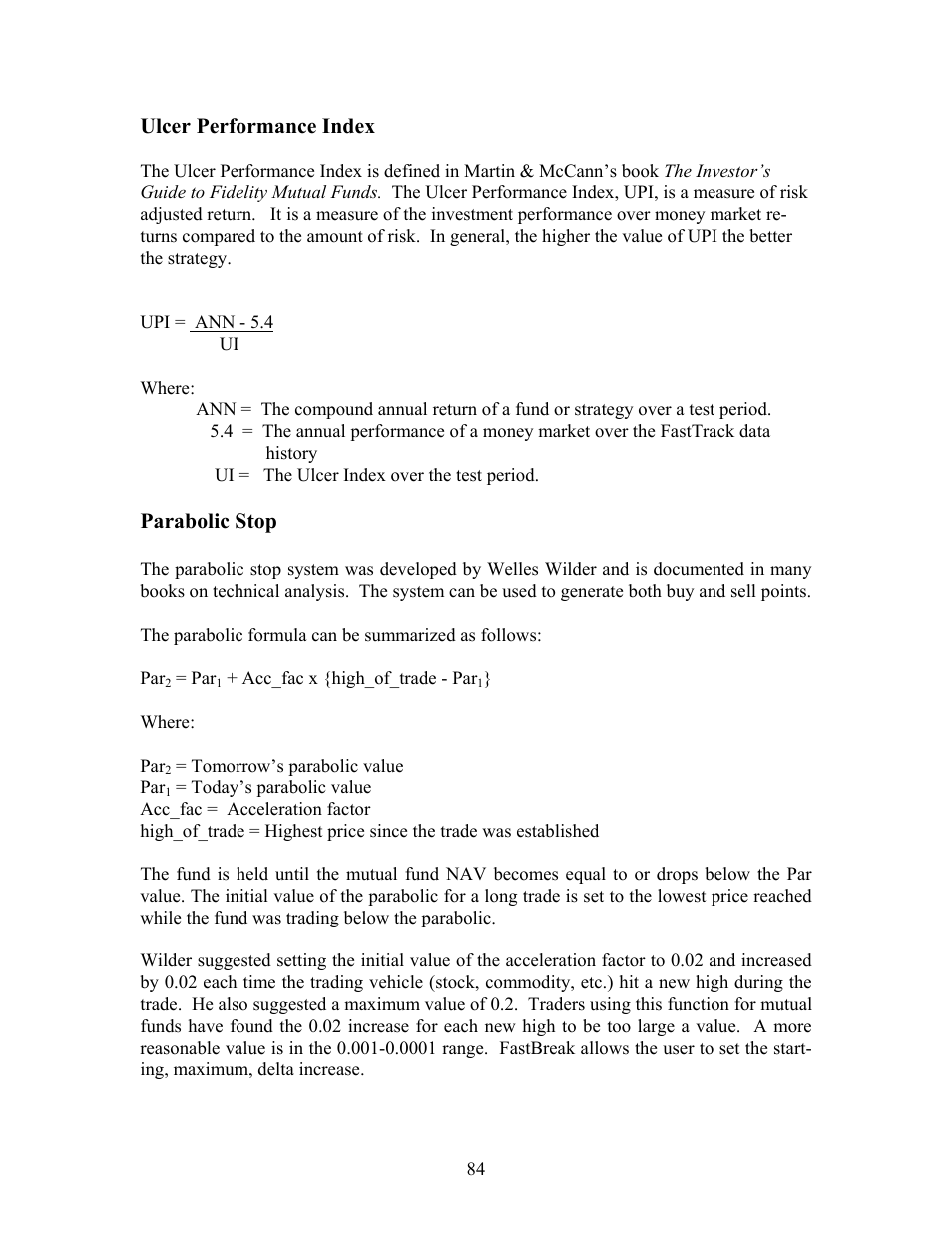 Ulcer performance index, Parabolic stop | EdgeWare FastBreak Standard Version 5 User Manual | Page 84 / 90