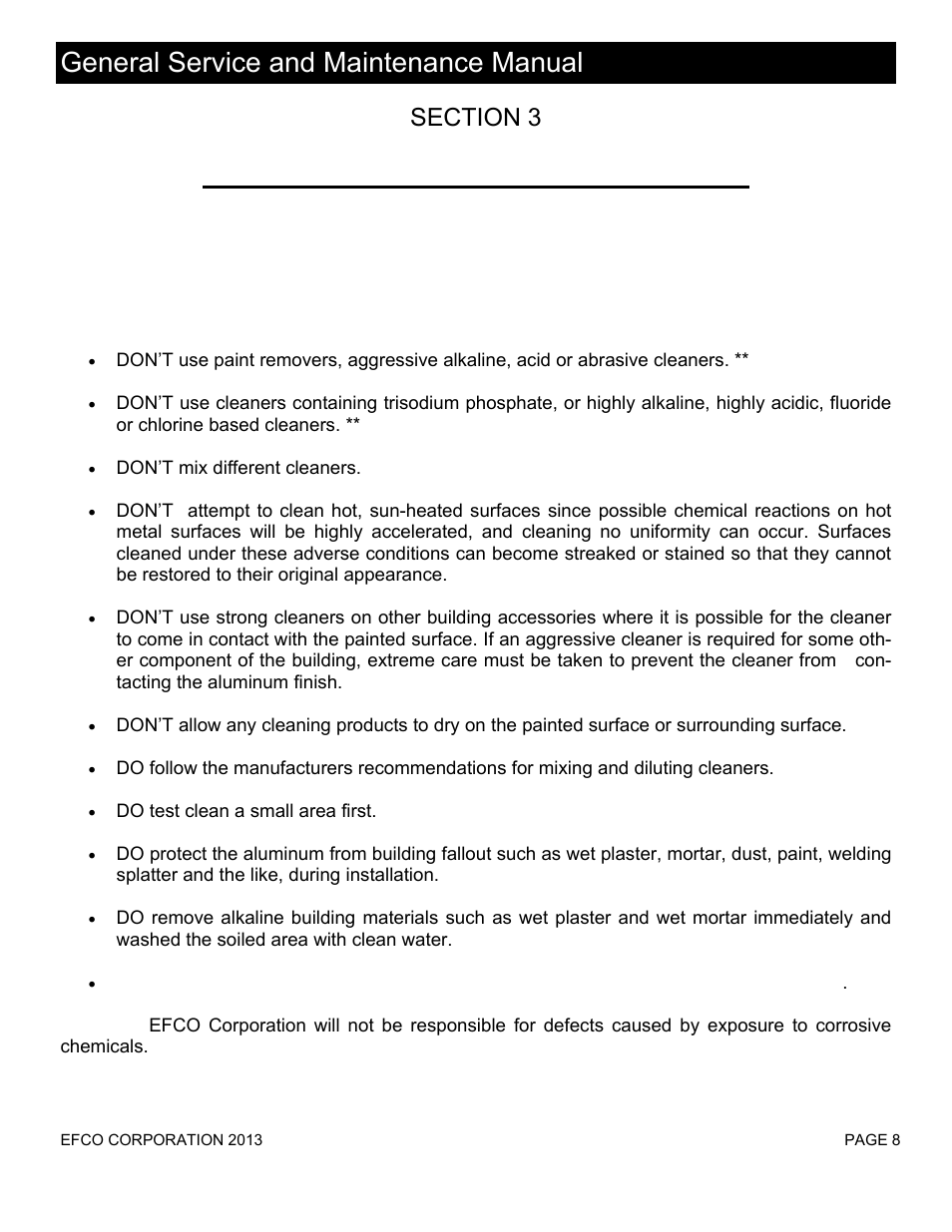 General service and maintenance manual, A. painted aluminum care and cleaning | EFCO Special Purpose Windows General Maintenance Instructions User Manual | Page 9 / 19