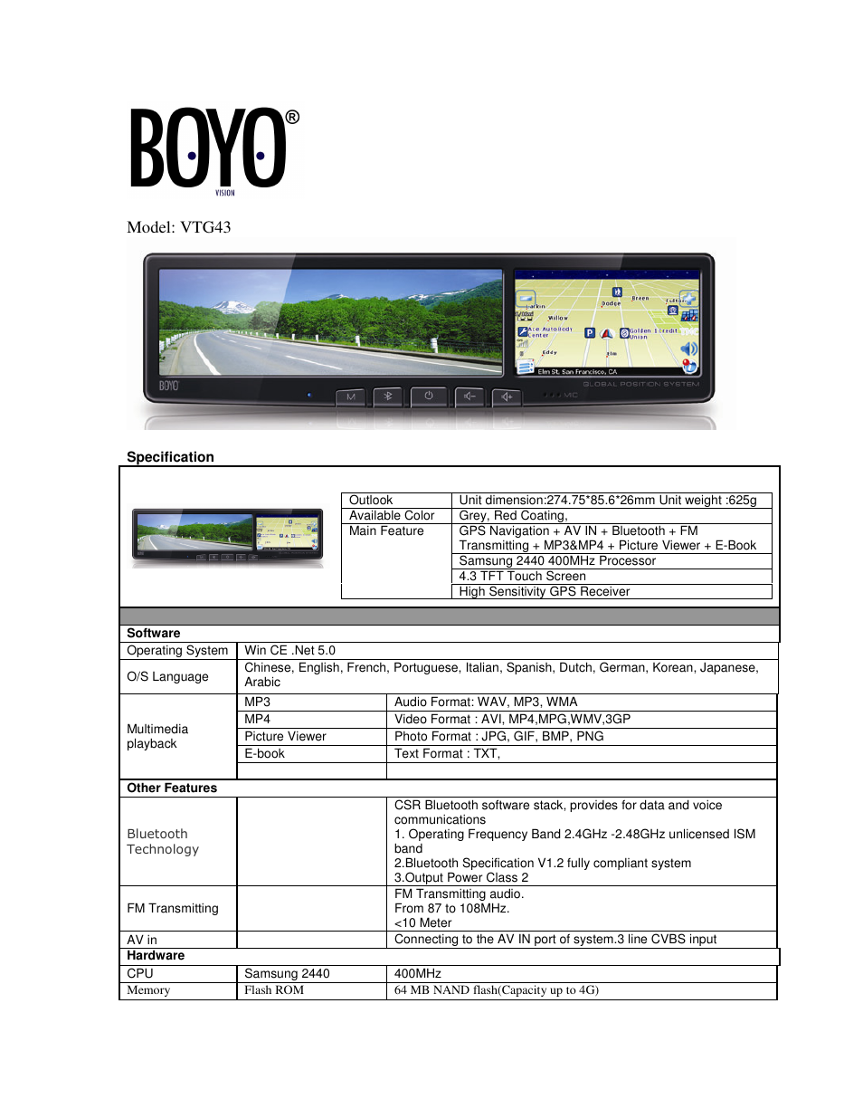 Boyo - Vision Tech America VTG43 User Manual | 2 pages