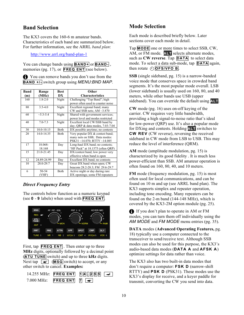 Band selection, Mode selection, Direct frequency entry | Elecraft KX3 Owner's Manual User Manual | Page 10 / 58