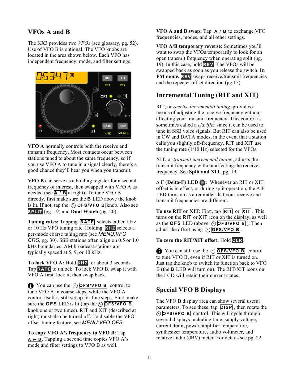 Vfos a and b, Incremental tuning (rit and xit), Special vfo b displays | Elecraft KX3 Owner's Manual User Manual | Page 11 / 58