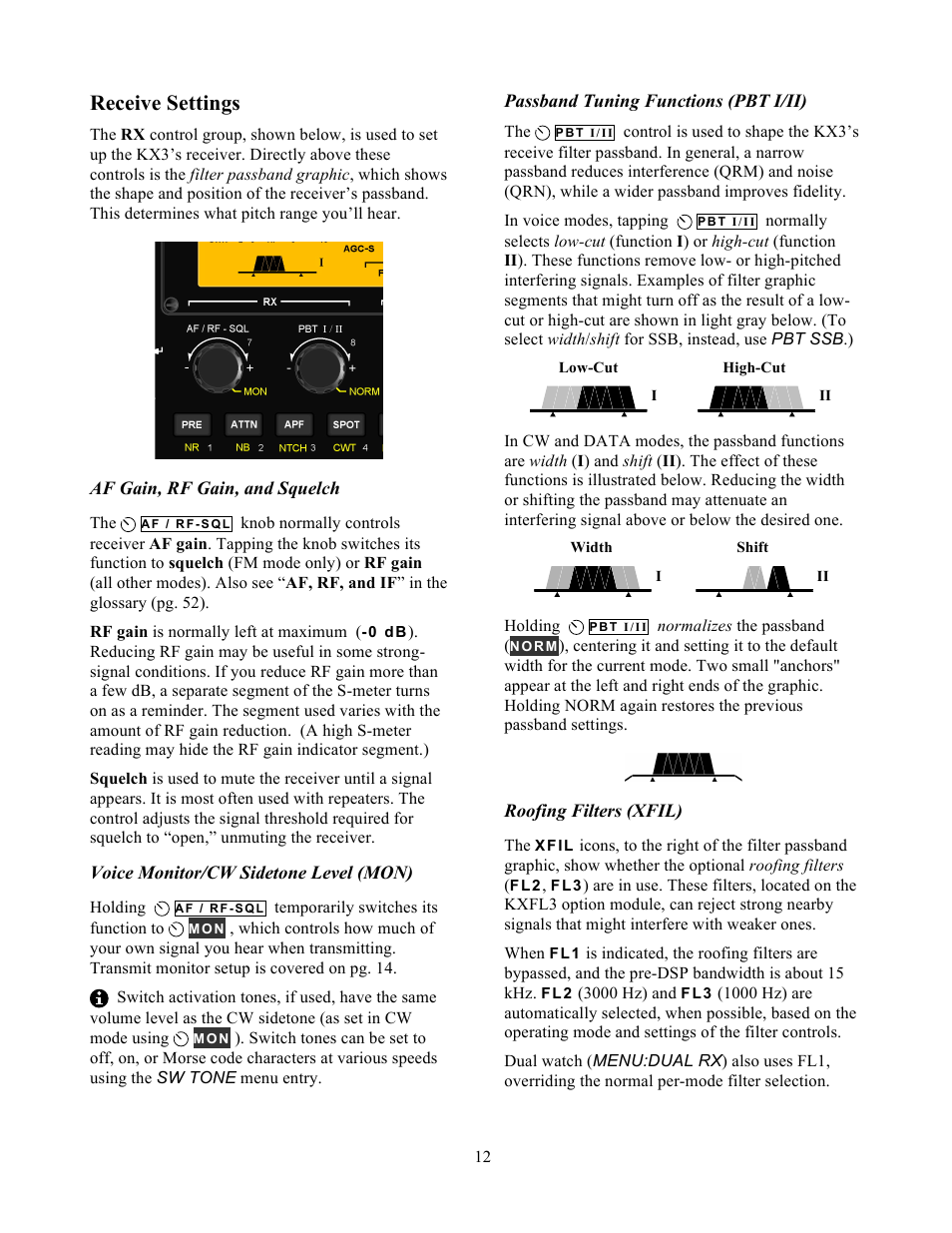 Receive settings | Elecraft KX3 Owner's Manual User Manual | Page 12 / 58