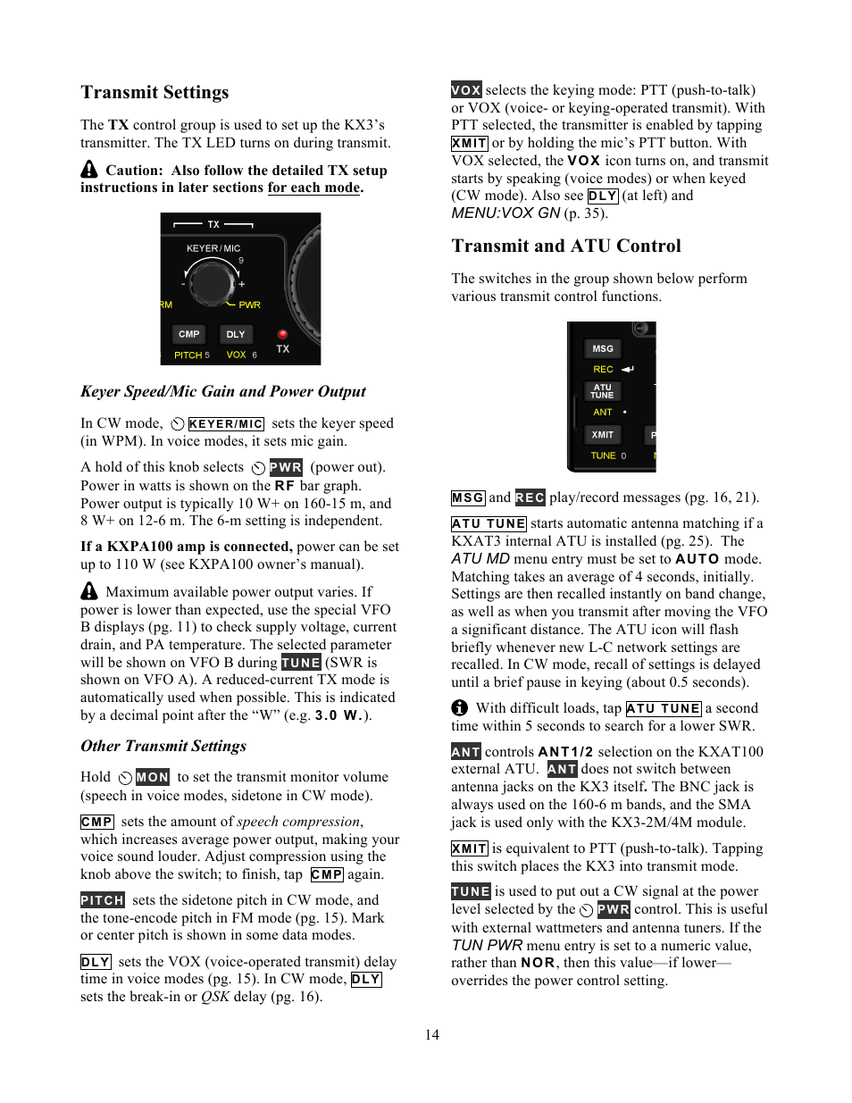 Transmit settings, Transmit and atu control | Elecraft KX3 Owner's Manual User Manual | Page 14 / 58