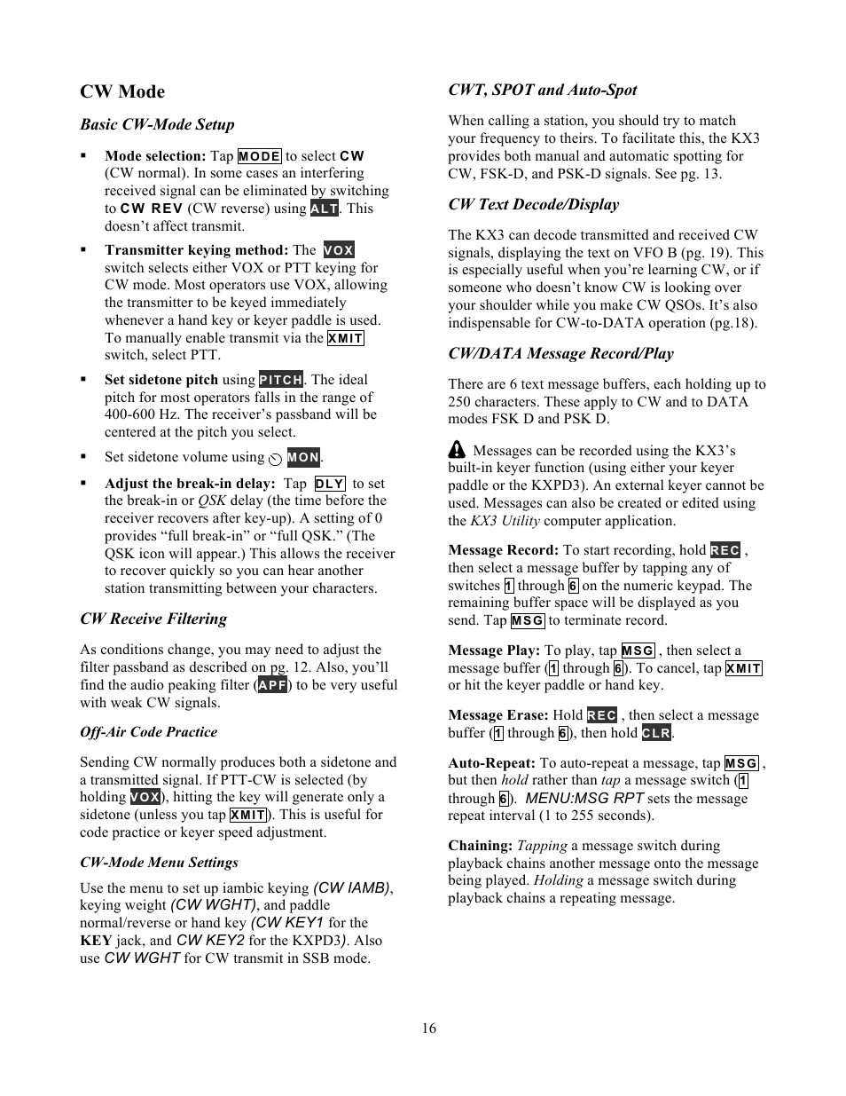 Cw mode | Elecraft KX3 Owner's Manual User Manual | Page 16 / 58