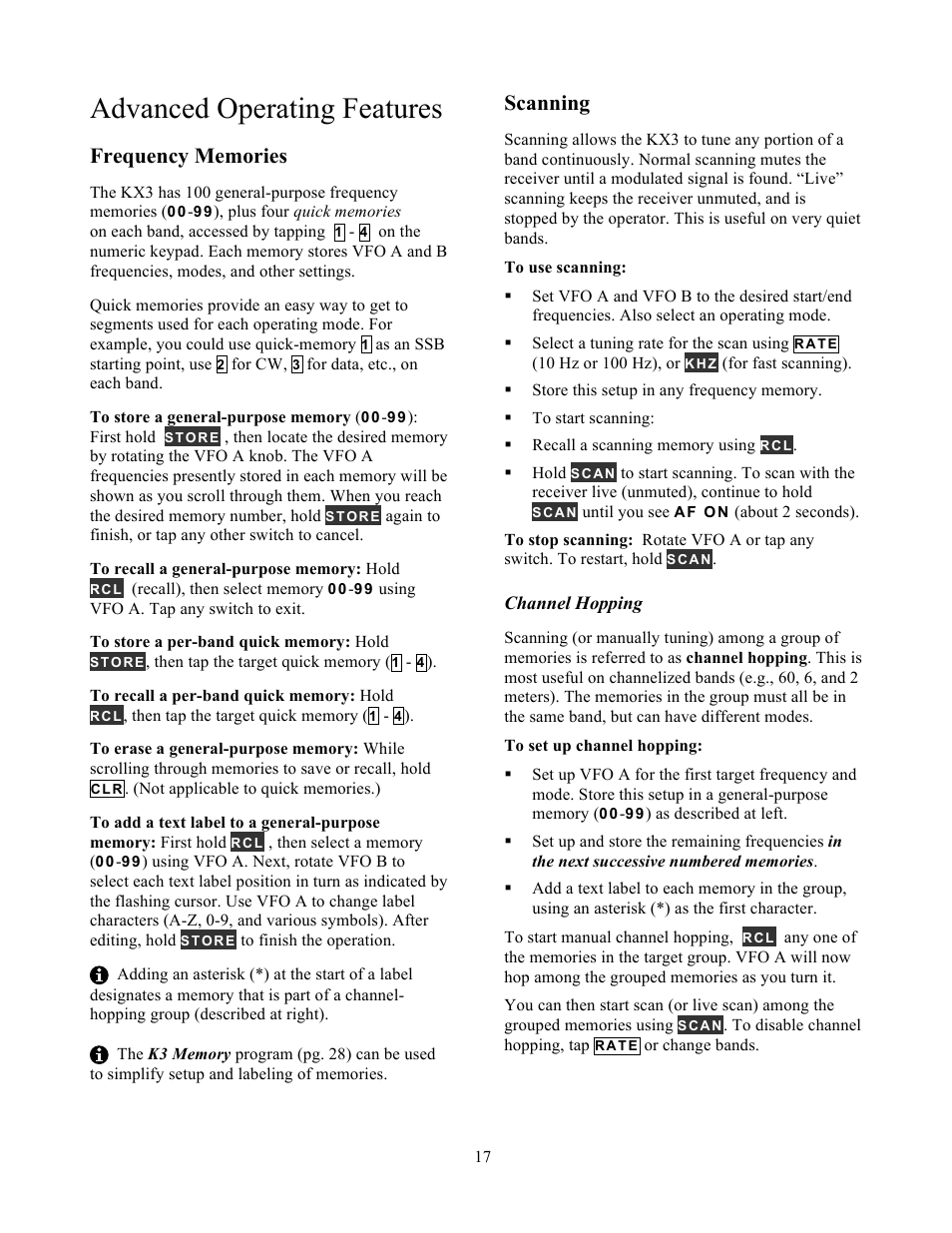 Advanced operating features, Scanning | Elecraft KX3 Owner's Manual User Manual | Page 17 / 58