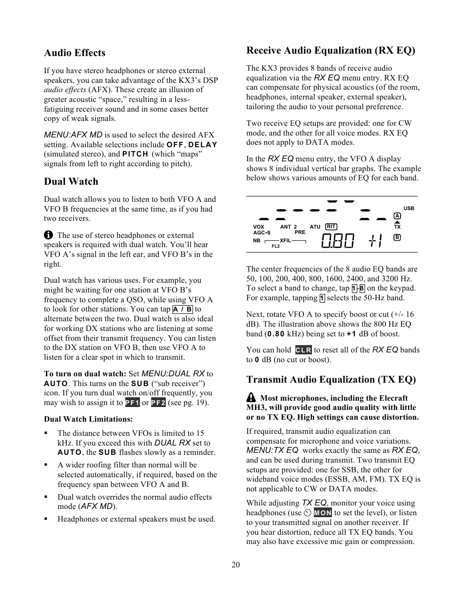 Audio effects, Dual watch, Receive audio equalization (rx eq) | Transmit audio equalization (tx eq) | Elecraft KX3 Owner's Manual User Manual | Page 20 / 58