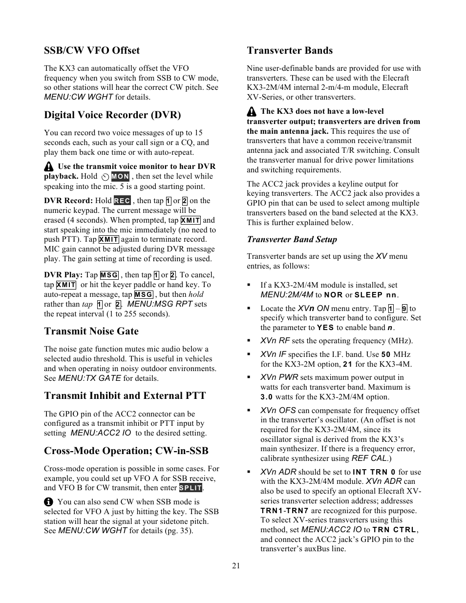 Ssb/cw vfo offset, Digital voice recorder (dvr), Transmit noise gate | Transmit inhibit and external ptt, Cross-mode operation; cw-in-ssb, Transverter bands | Elecraft KX3 Owner's Manual User Manual | Page 21 / 58