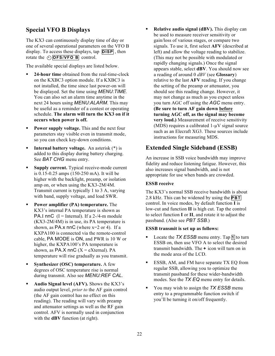 Special vfo b displays, Extended single sideband (essb) | Elecraft KX3 Owner's Manual User Manual | Page 22 / 58