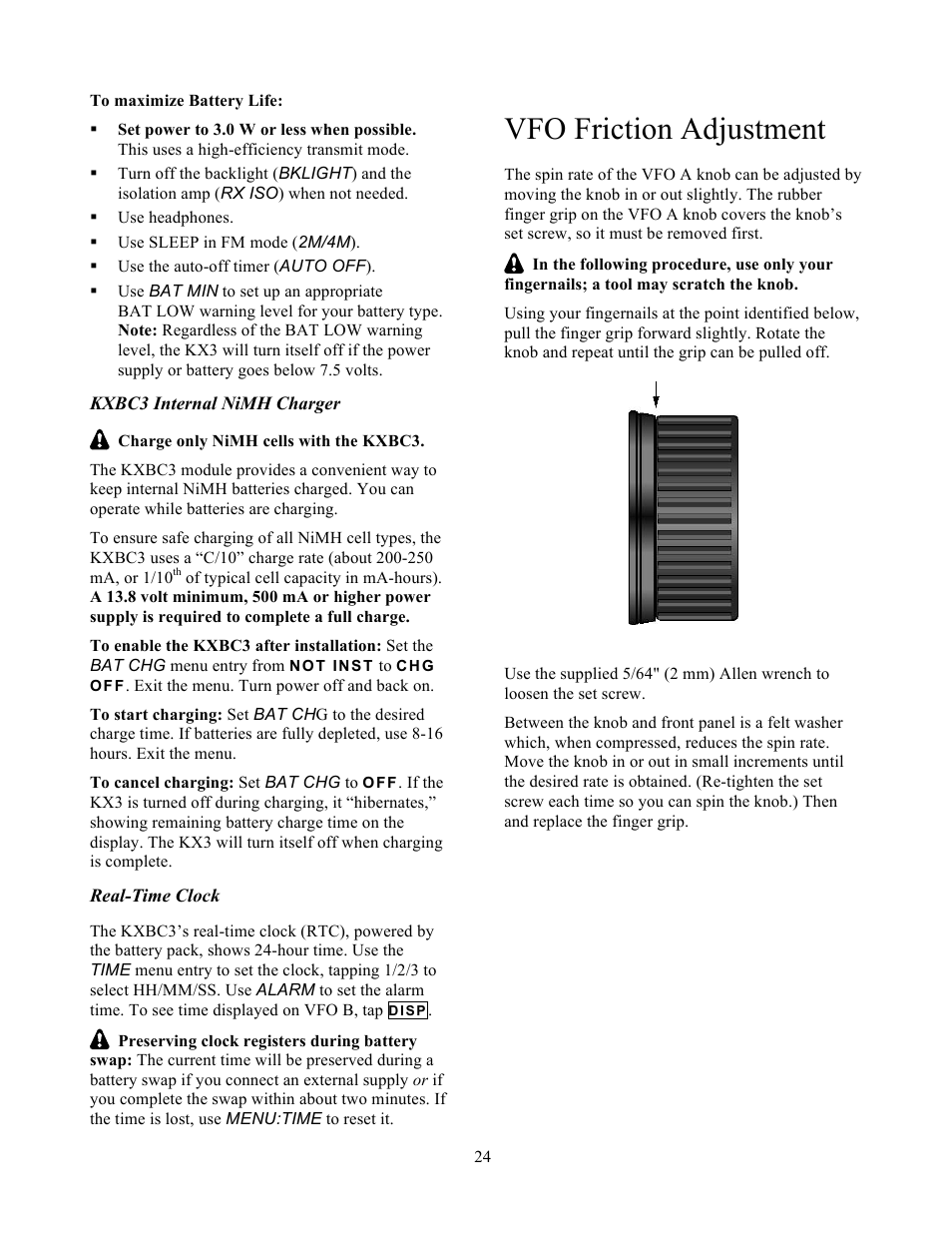 Vfo friction adjustment | Elecraft KX3 Owner's Manual User Manual | Page 24 / 58