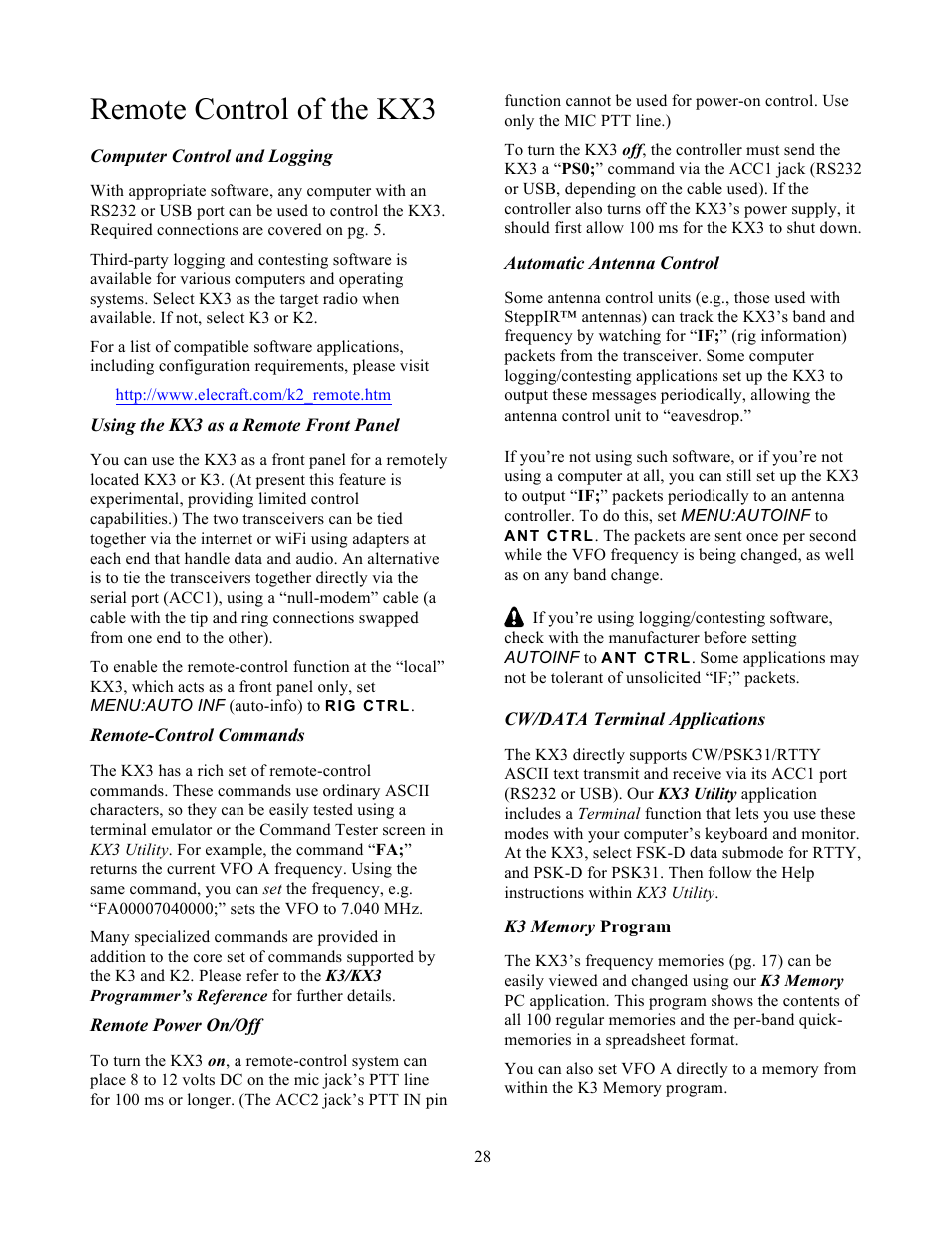 Remote control of the kx3 | Elecraft KX3 Owner's Manual User Manual | Page 28 / 58