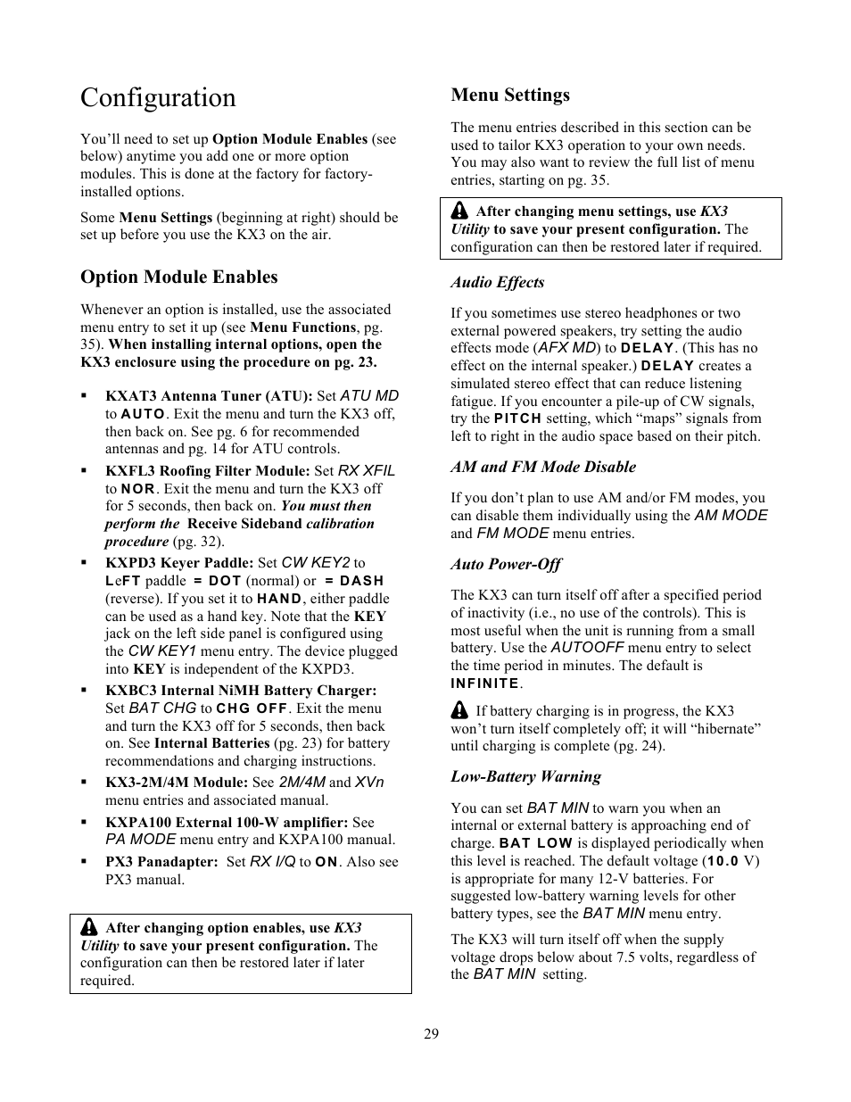 Configuration, Option module enables, Menu settings | Elecraft KX3 Owner's Manual User Manual | Page 29 / 58