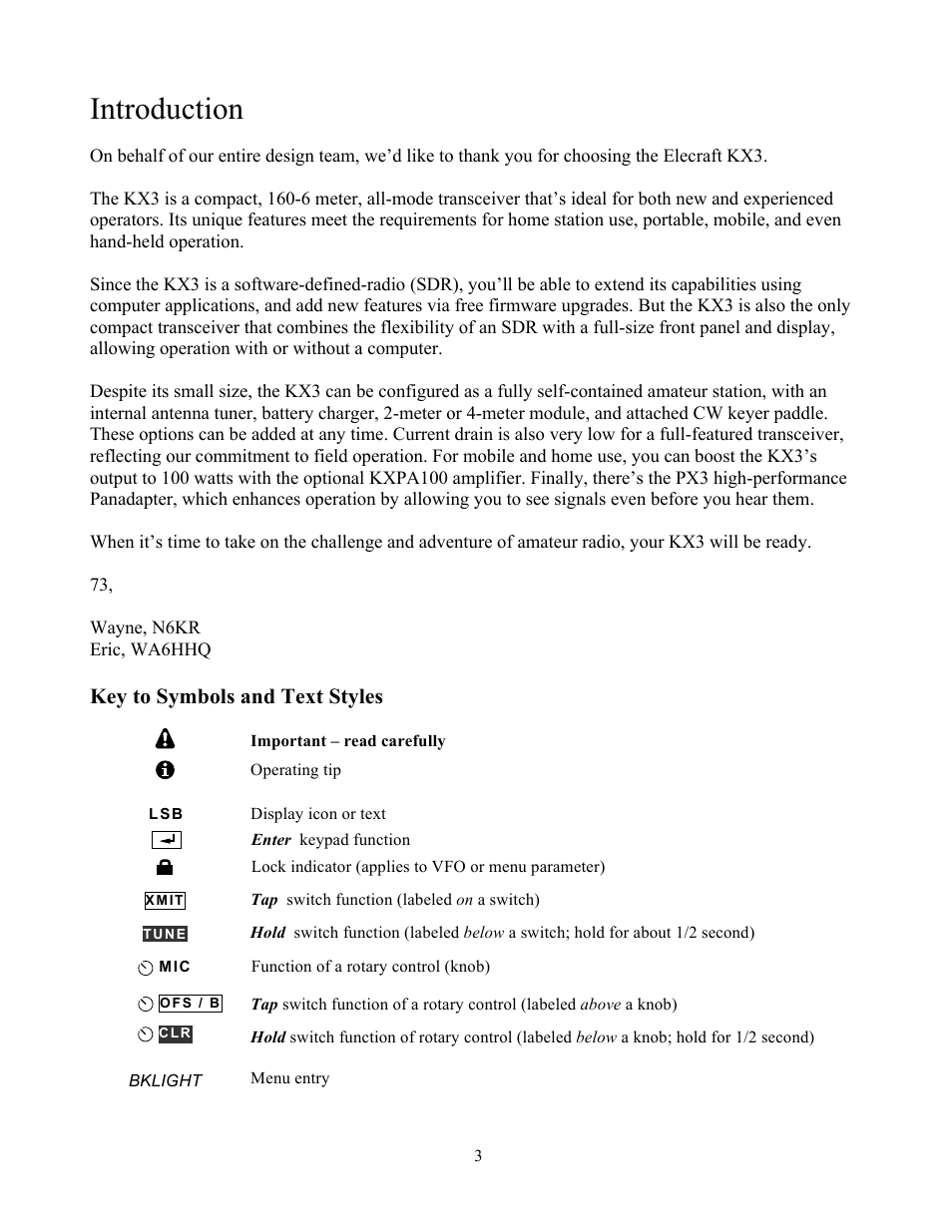 Introduction, Key to symbols and text styles | Elecraft KX3 Owner's Manual User Manual | Page 3 / 58