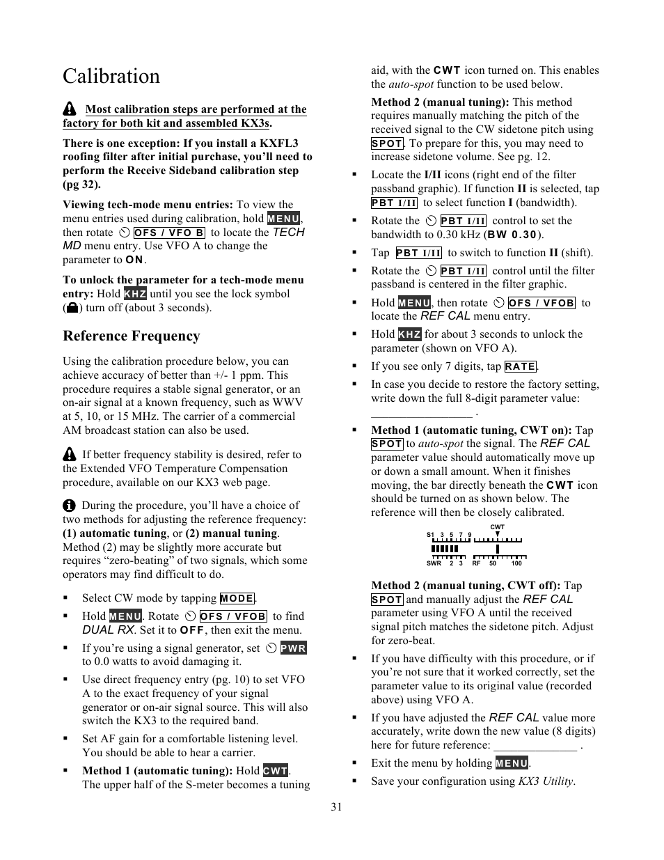 Calibration, Reference frequency | Elecraft KX3 Owner's Manual User Manual | Page 31 / 58