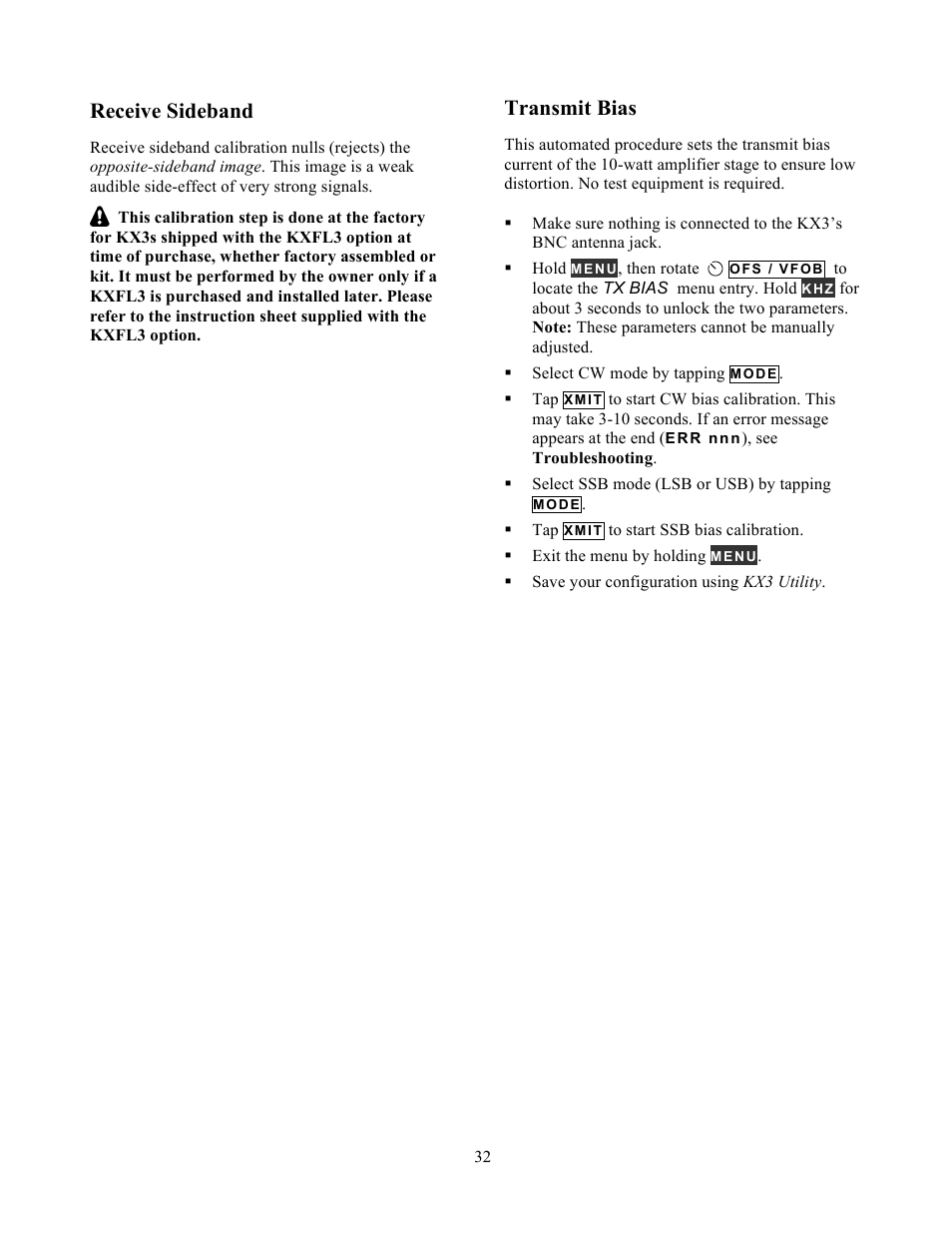 Receive sideband, Transmit bias | Elecraft KX3 Owner's Manual User Manual | Page 32 / 58