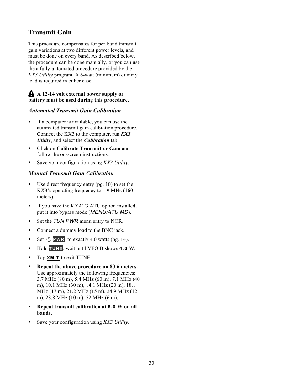 Transmit gain | Elecraft KX3 Owner's Manual User Manual | Page 33 / 58