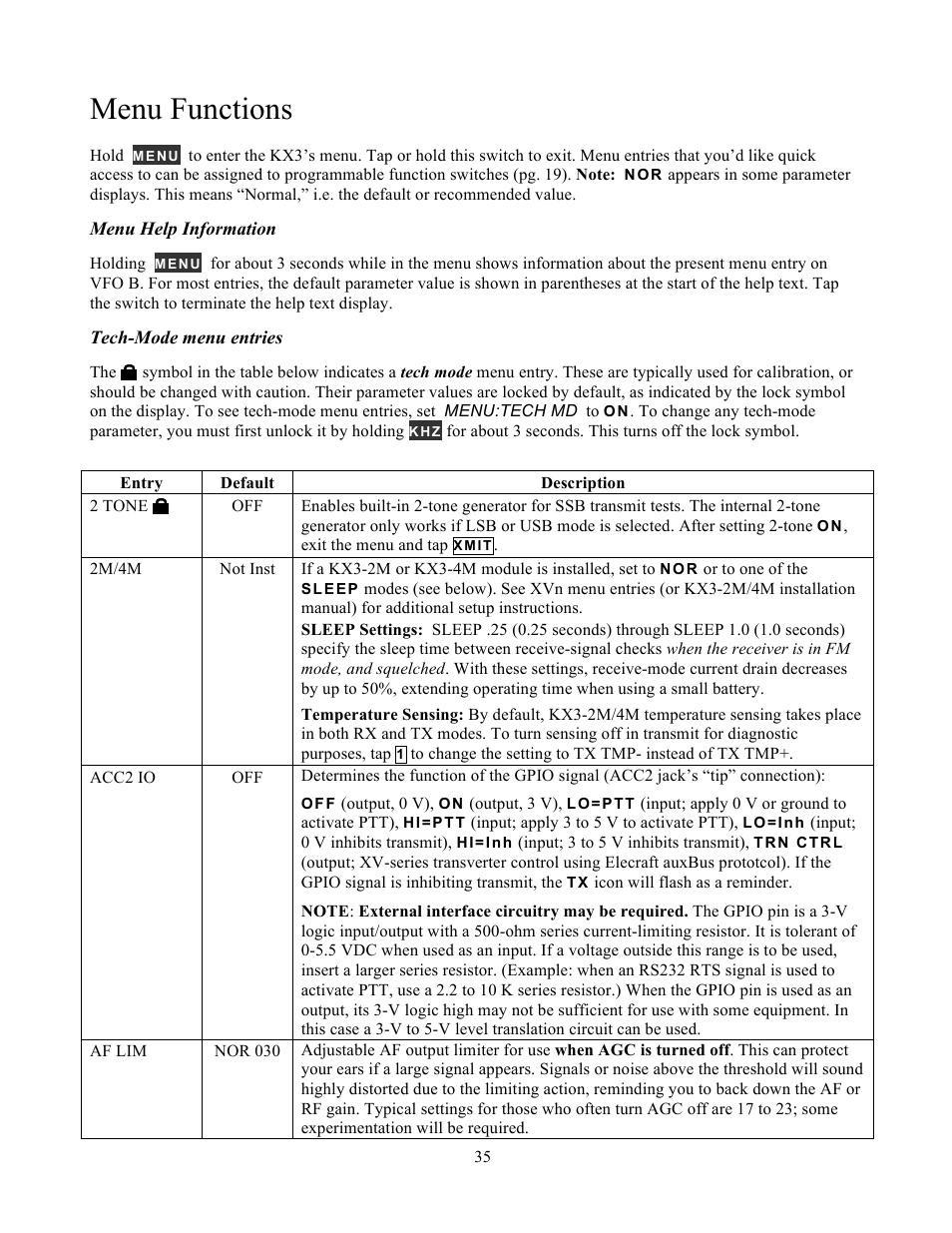 Menu functions | Elecraft KX3 Owner's Manual User Manual | Page 35 / 58