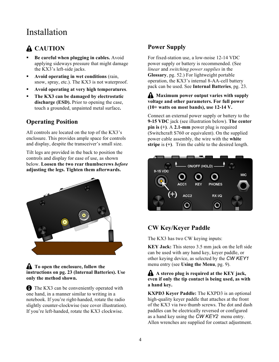 Installation, Caution, Operating position | Power supply, Cw key/keyer paddle | Elecraft KX3 Owner's Manual User Manual | Page 4 / 58