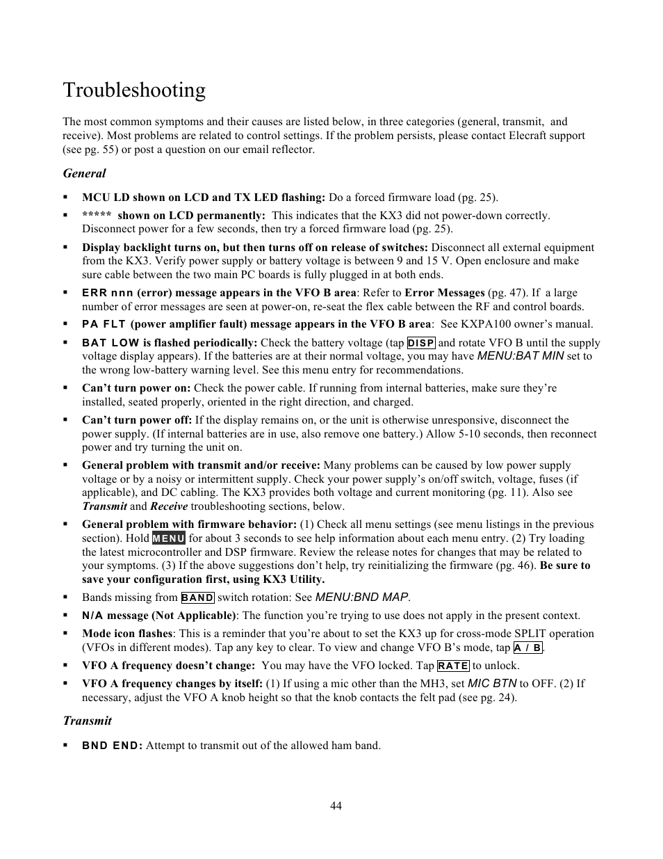 Troubleshooting | Elecraft KX3 Owner's Manual User Manual | Page 44 / 58