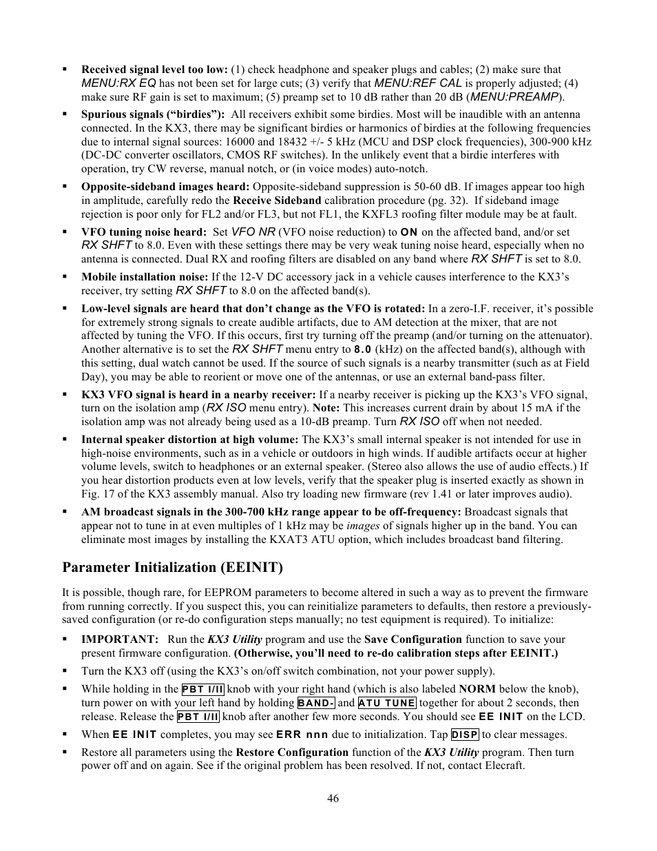 Parameter initialization (eeinit) | Elecraft KX3 Owner's Manual User Manual | Page 46 / 58