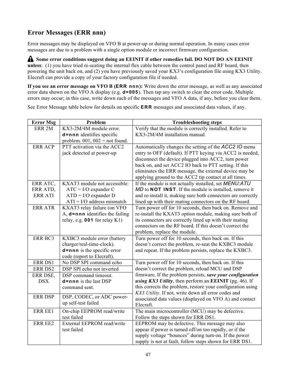 Error messages (err nnn) | Elecraft KX3 Owner's Manual User Manual | Page 47 / 58