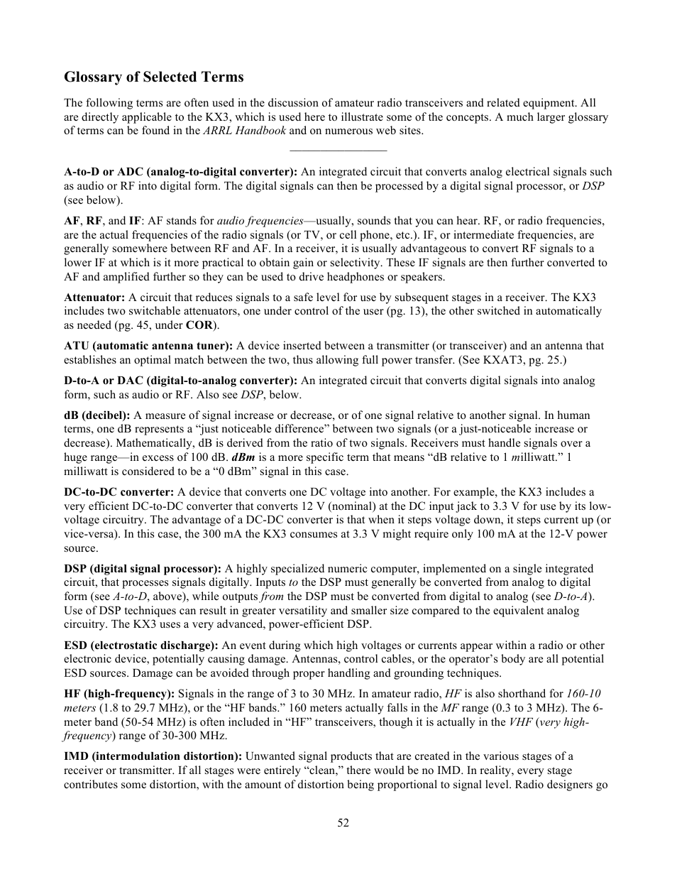 Glossary of selected terms | Elecraft KX3 Owner's Manual User Manual | Page 52 / 58