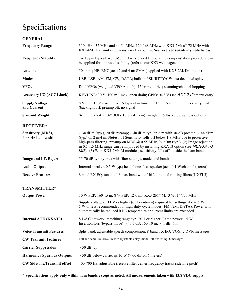 Specifications | Elecraft KX3 Owner's Manual User Manual | Page 54 / 58