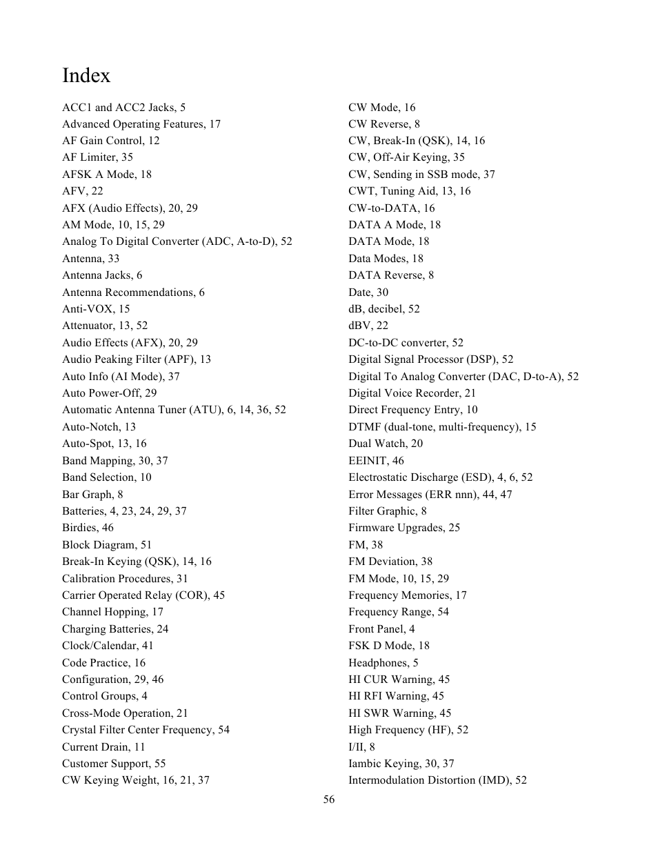 Index | Elecraft KX3 Owner's Manual User Manual | Page 56 / 58