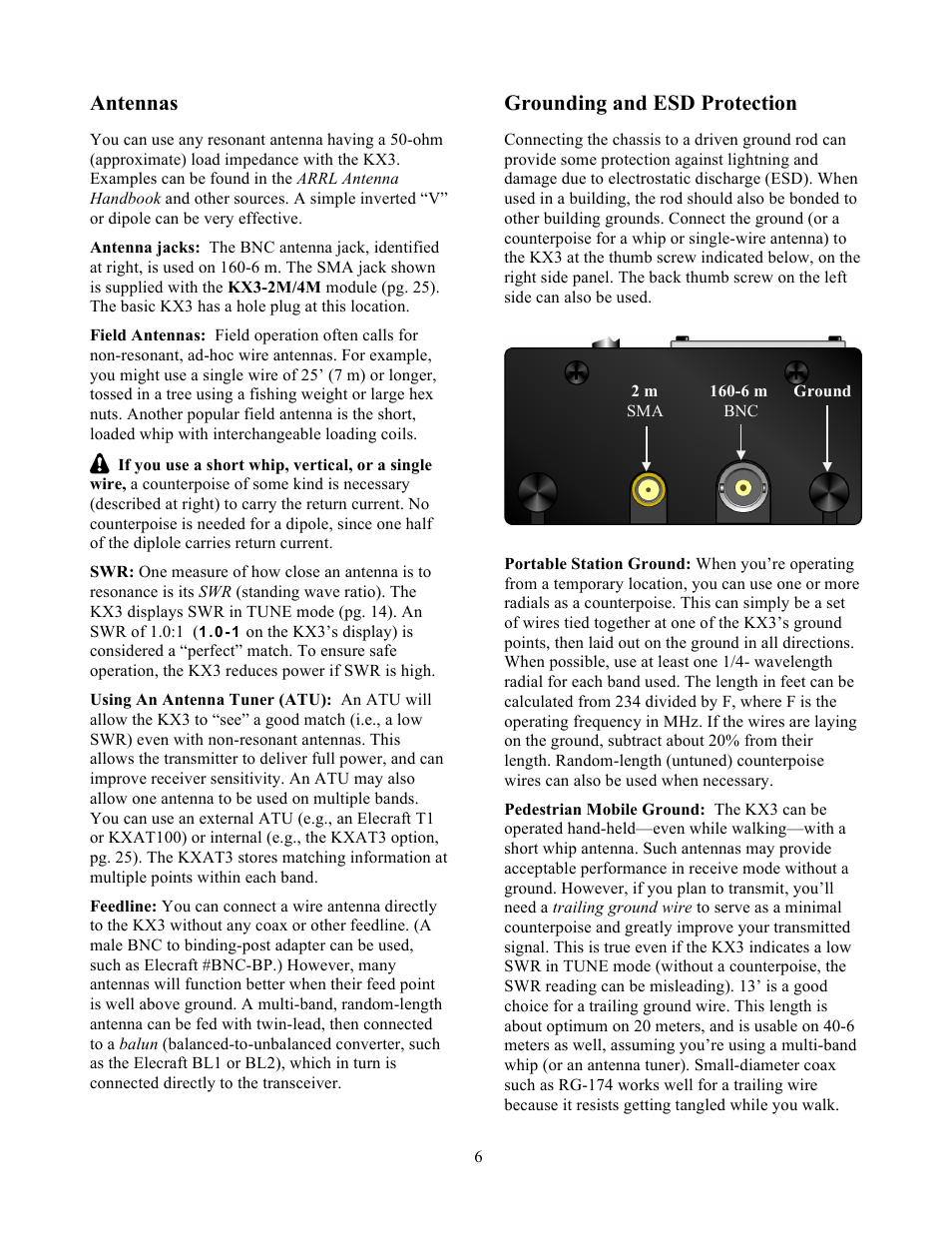 Antennas, Grounding and esd protection | Elecraft KX3 Owner's Manual User Manual | Page 6 / 58