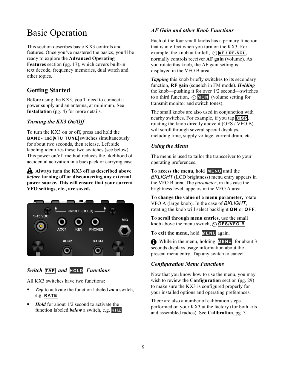 Basic operation, Getting started | Elecraft KX3 Owner's Manual User Manual | Page 9 / 58