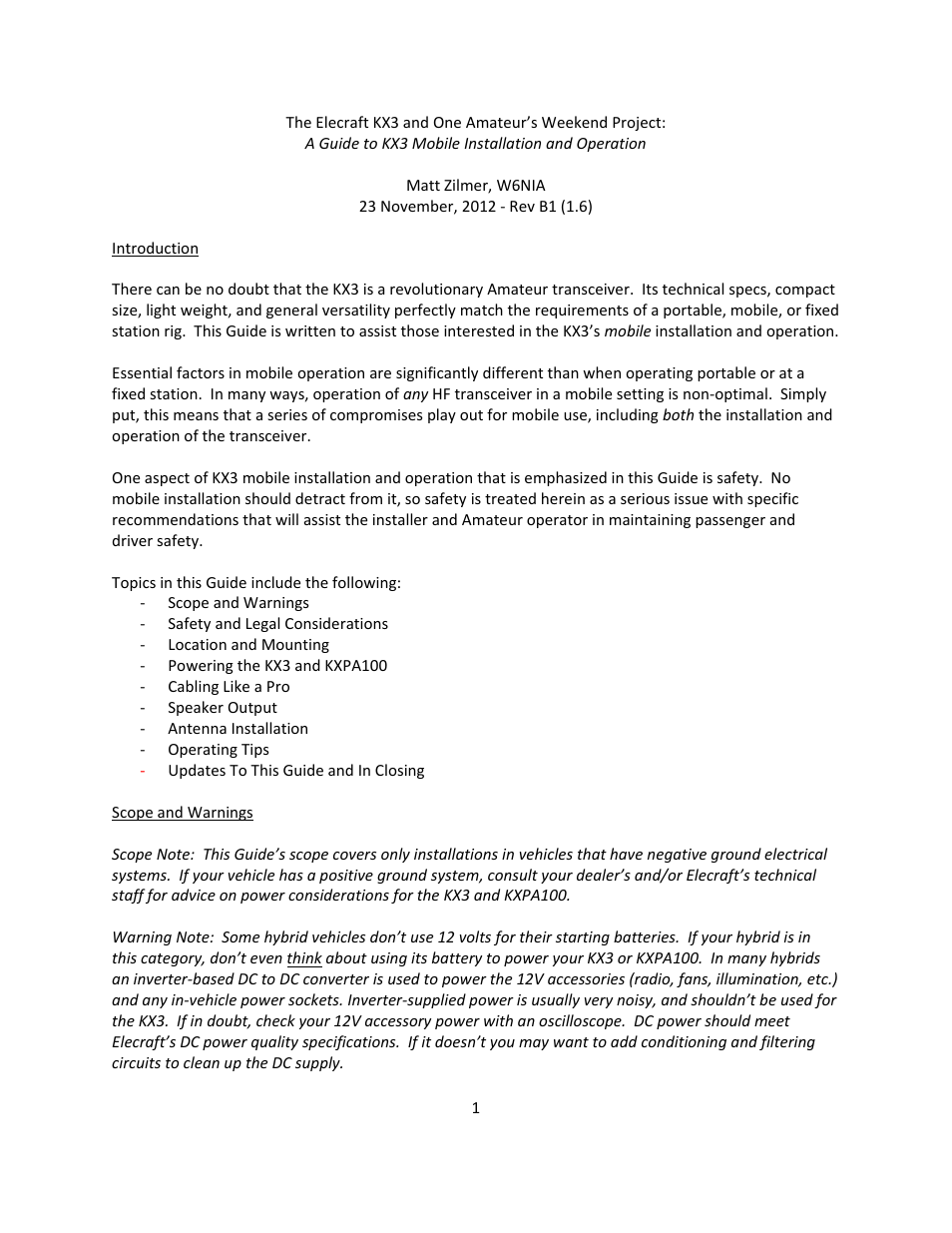Elecraft KX3 Mobile Installation And Operation Guide User Manual | 17 pages