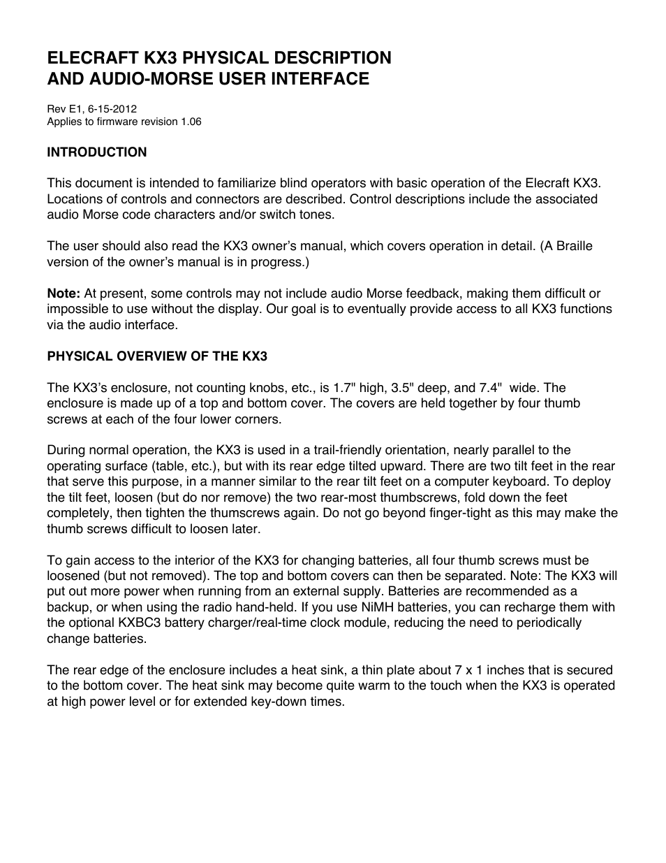 Elecraft KX3 Guide for Blind Operators User Manual | 7 pages