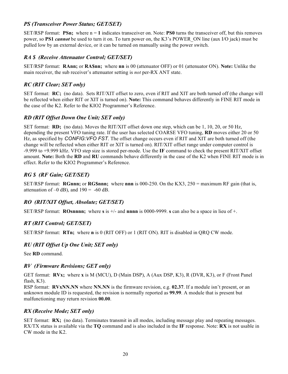 Elecraft KX3 Programmers Reference User Manual | Page 20 / 26