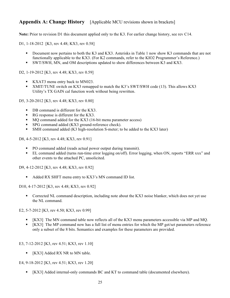 Appendix a: change history | Elecraft KX3 Programmers Reference User Manual | Page 25 / 26