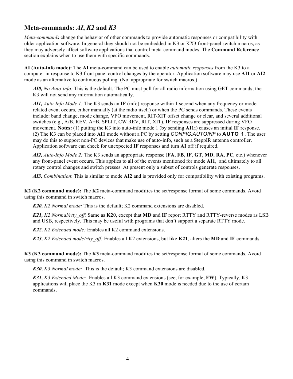 Meta-commands: ai , k2 and k3 | Elecraft KX3 Programmers Reference User Manual | Page 4 / 26