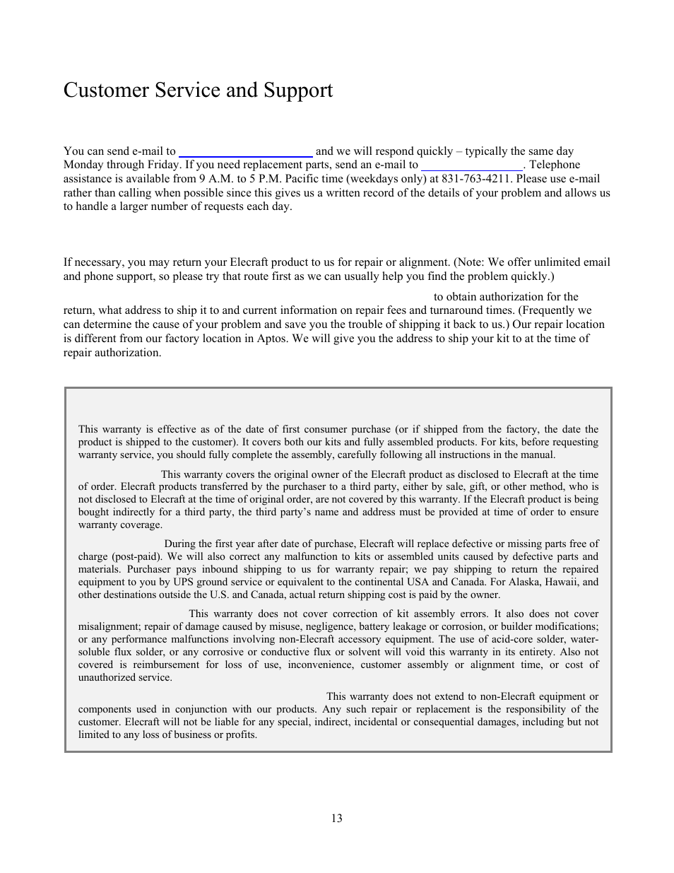Customer service and support, Elecraft 1-year limited warranty | Elecraft KXBC3 User Manual | Page 13 / 13