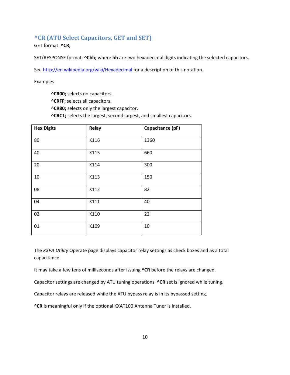 Cr (atu select capacitors, get and set) | Elecraft KXPA100 Programmers Reference User Manual | Page 10 / 24