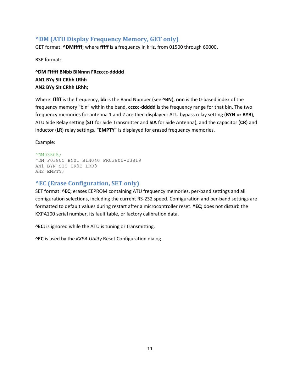 Dm (atu display frequency memory, get only), Ec (erase configuration, set only) | Elecraft KXPA100 Programmers Reference User Manual | Page 11 / 24
