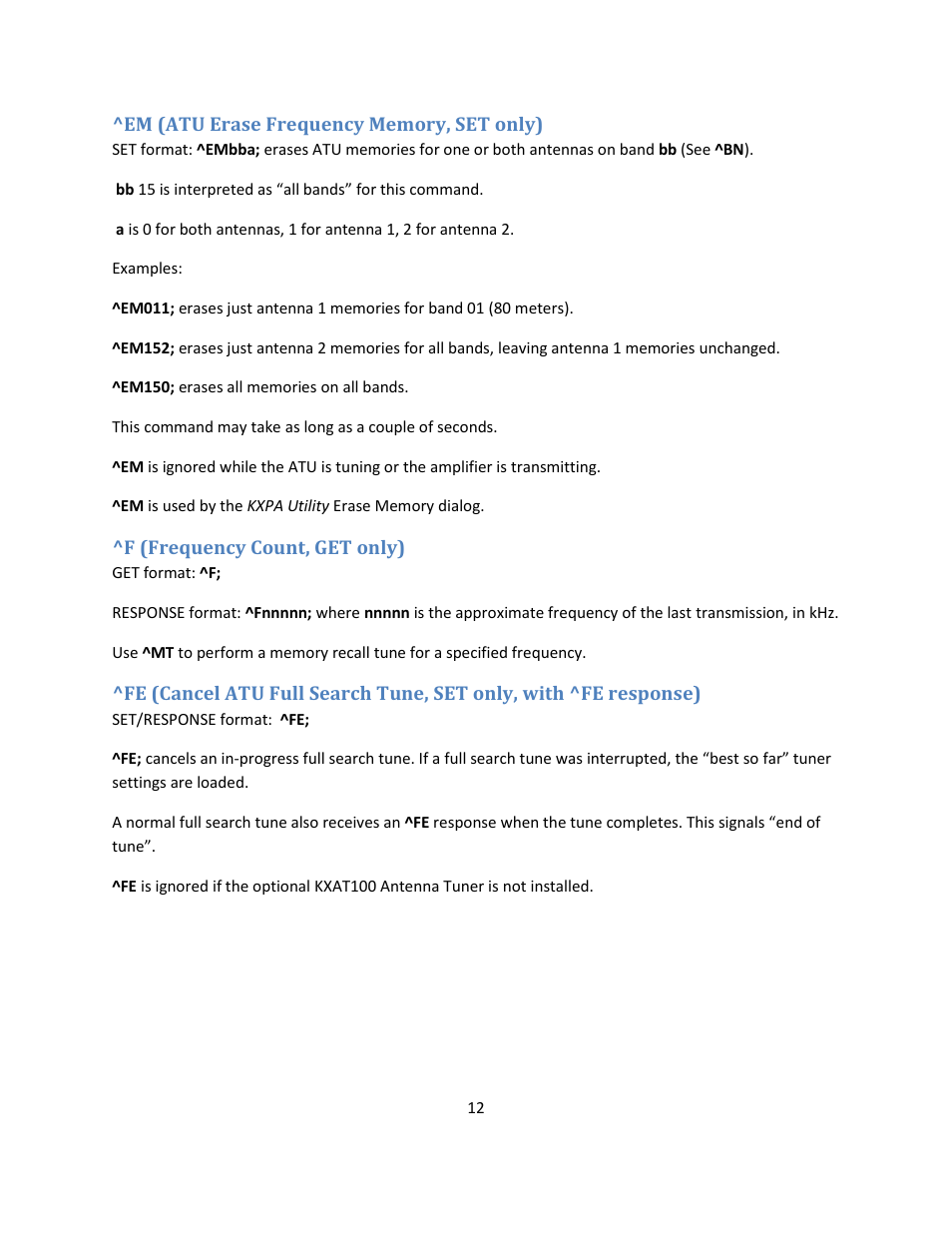 Em (atu erase frequency memory, set only), F (frequency count, get only) | Elecraft KXPA100 Programmers Reference User Manual | Page 12 / 24