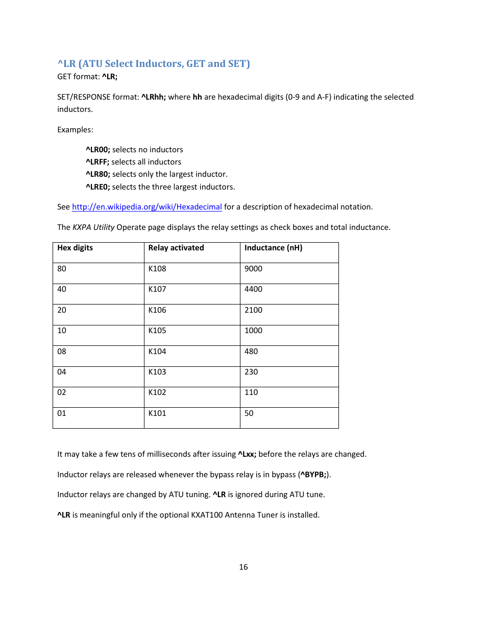 Lr (atu select inductors, get and set) | Elecraft KXPA100 Programmers Reference User Manual | Page 16 / 24