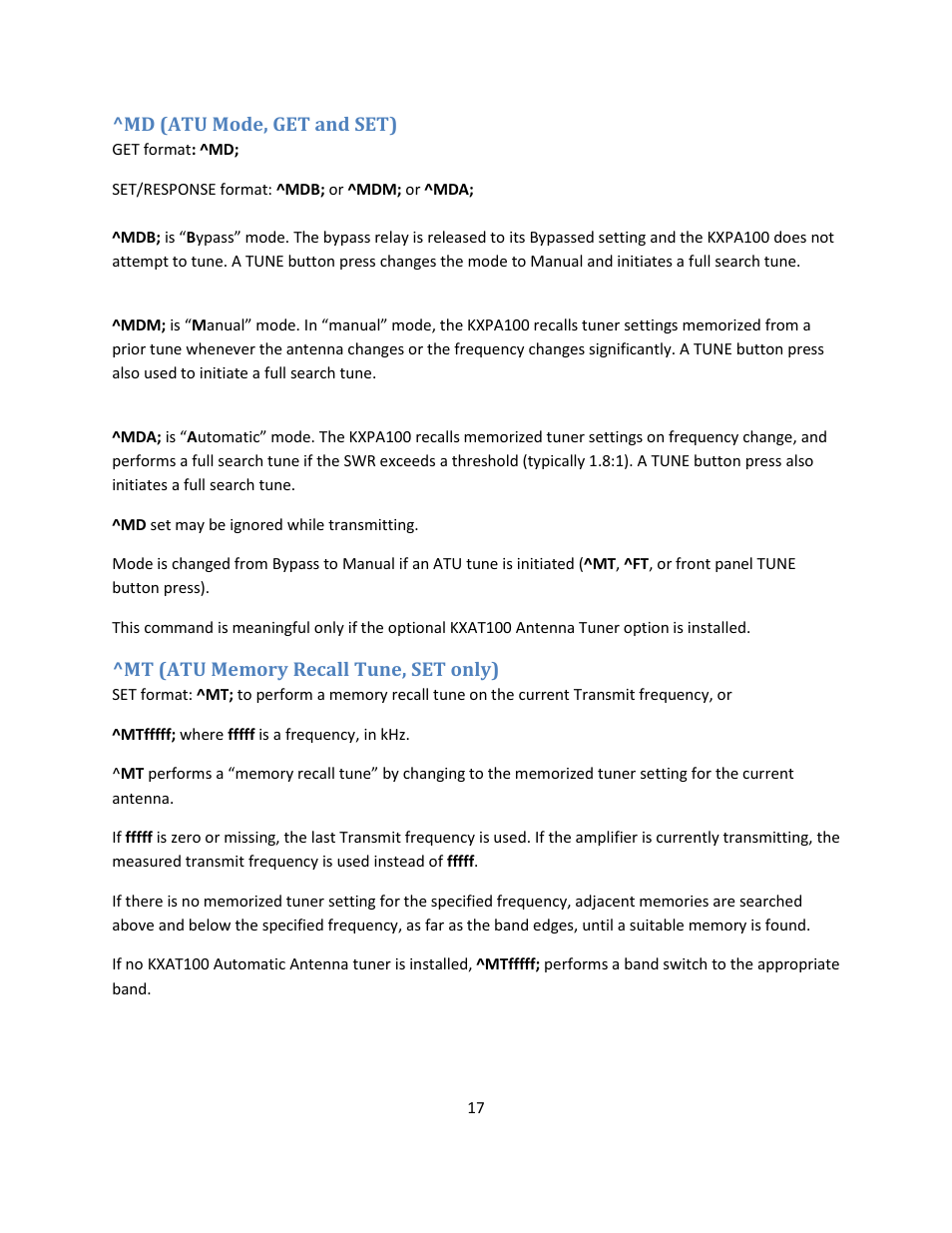 Md (atu mode, get and set), Mt (atu memory recall tune, set only) | Elecraft KXPA100 Programmers Reference User Manual | Page 17 / 24