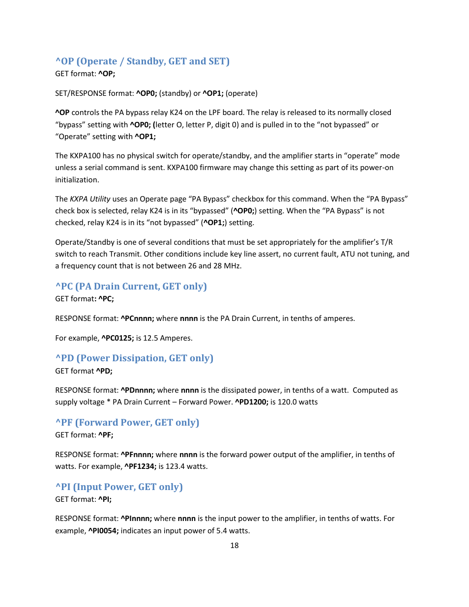 Op (operate / standby, get and set), Pc (pa drain current, get only), Pd (power dissipation, get only) | Pf (forward power, get only), Pi (input power, get only) | Elecraft KXPA100 Programmers Reference User Manual | Page 18 / 24