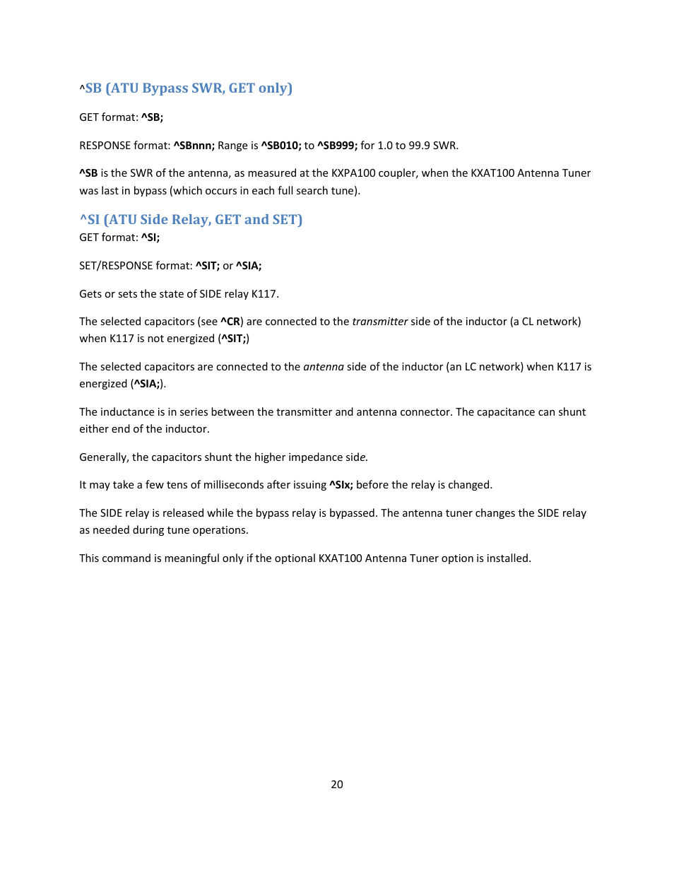 Si (atu side relay, get and set) | Elecraft KXPA100 Programmers Reference User Manual | Page 20 / 24