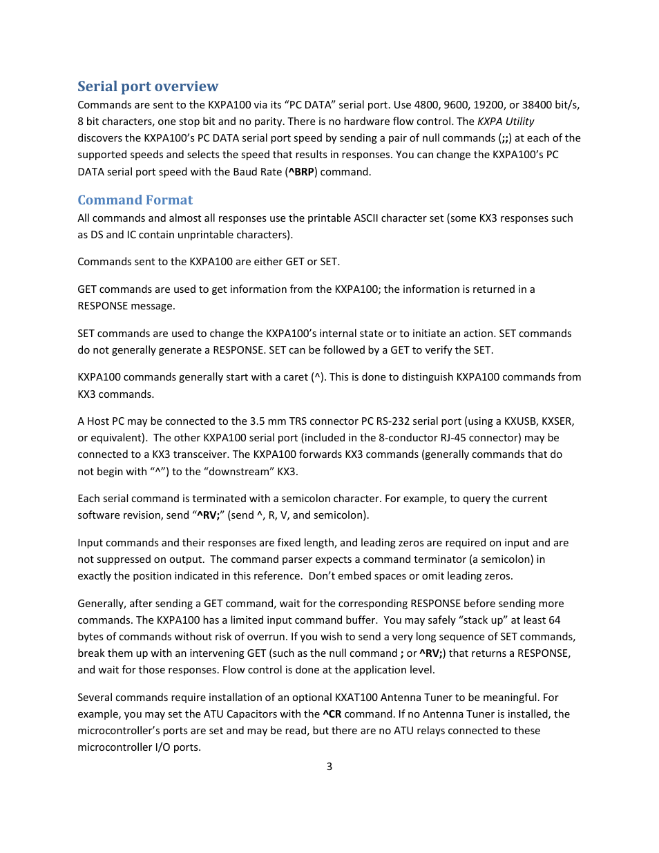 Serial port overview, Command format | Elecraft KXPA100 Programmers Reference User Manual | Page 3 / 24