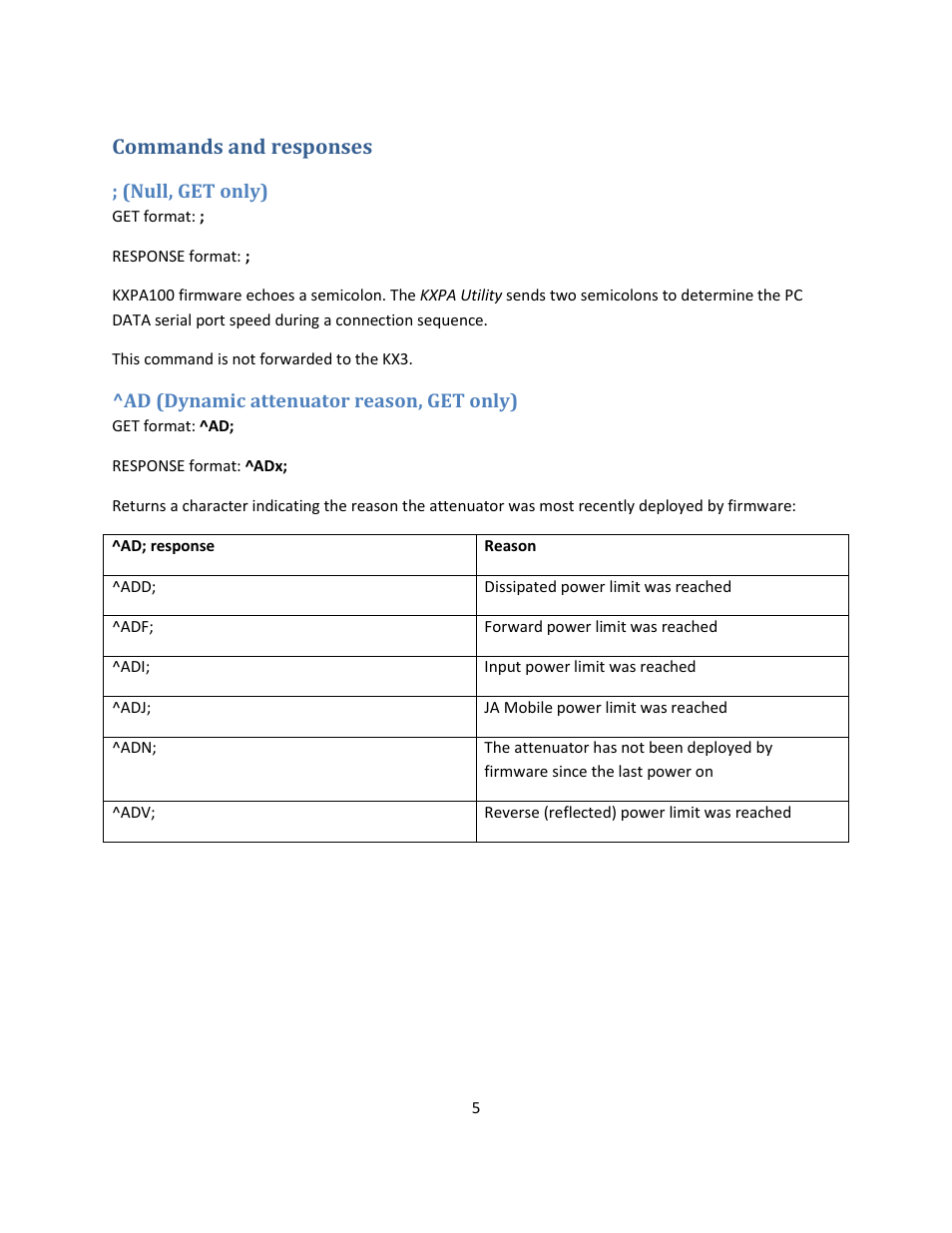 Commands and responses, Null, get only), Ad (dynamic attenuator reason, get only) | Elecraft KXPA100 Programmers Reference User Manual | Page 5 / 24