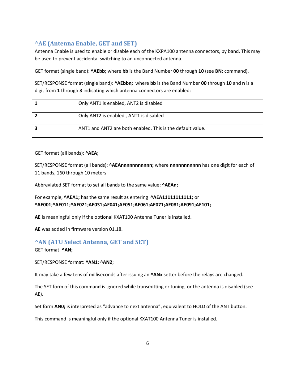 Ae (antenna enable, get and set), An (atu select antenna, get and set) | Elecraft KXPA100 Programmers Reference User Manual | Page 6 / 24