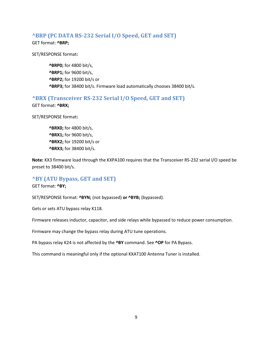 Brp (pc data rs-232 serial i/o speed, get and set), By (atu bypass, get and set) | Elecraft KXPA100 Programmers Reference User Manual | Page 9 / 24