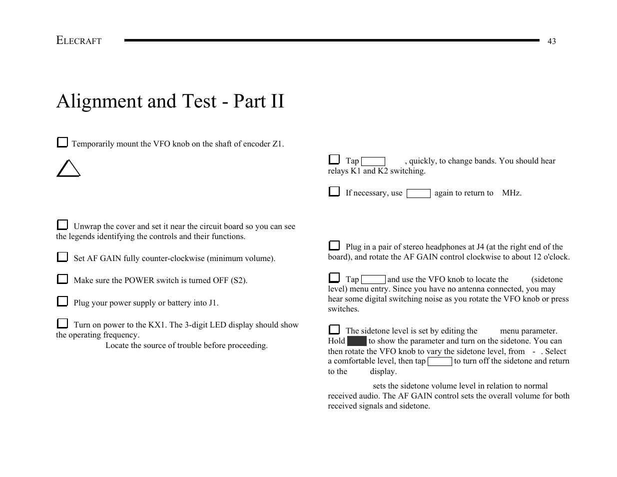 Alignment and test - part ii | Elecraft KX1 Manual User Manual | Page 44 / 96
