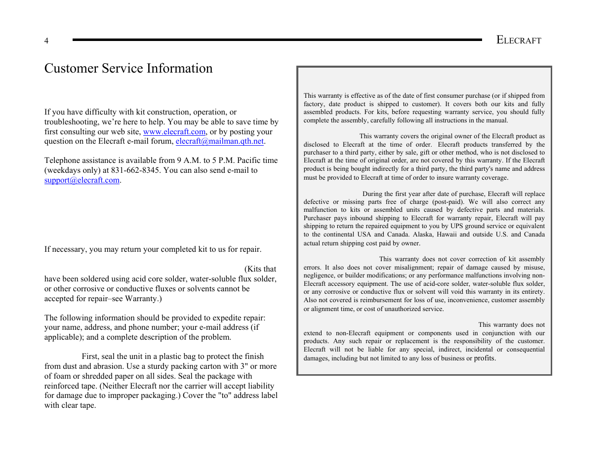 Customer service information | Elecraft KX1 Manual User Manual | Page 5 / 96